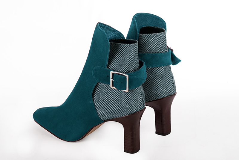 Women's peacock blue elegant ankle boots, with buckles at the back. Square toe. High kitten heels - Rear view